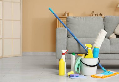 Kova dolusu temizlik malzemesi ve oturma odasının zemininde paspas.