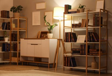 Dolaplı, parlak lambalı ve kitaplıklı şık bir oda.