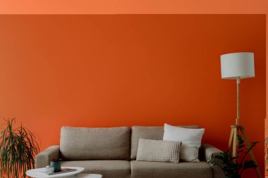 Kahve sehpası, standart lamba ve turuncu duvarın yanındaki bitki örtüsü olan şık gri kanepe.