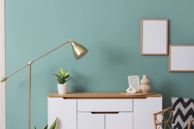 Beyaz dolabı, standart lambası ve çiçekleri olan şık bir oda.