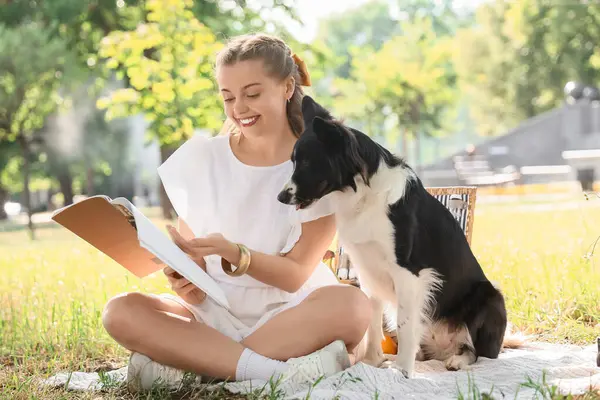 Parkta piknik yaparken Collie Dog dergisi okuyan sevimli, genç bir kadın.