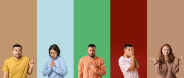 Renkli arka planda özür dileyip insanları utandırmak. Hata kavramı