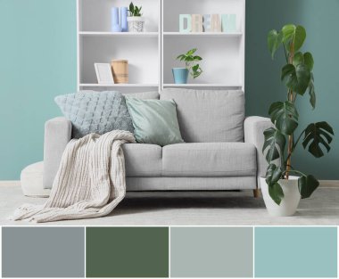 Oturma odasının içinde rahat bir kanepe ve nane duvarının yanında raflar var. Farklı renk desenleri  