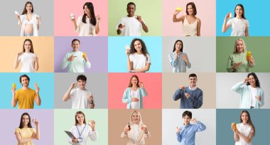 Renk arkaplanında vitamin bulunan birçok insanın kolajı