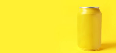 Sarı arka planda bir kutu soda ve mesaj için yer var. Tasarım için model