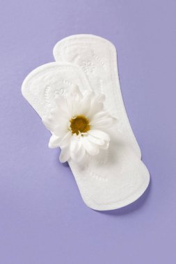 Mor arka planda kasımpatı çiçekli adet pedleri