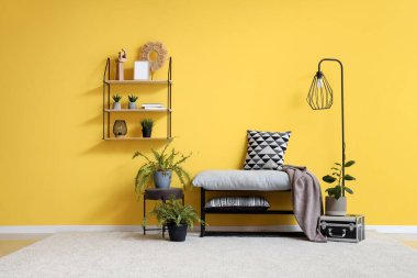Gri bank, lamba, raf ve sarı duvarın yanındaki bitkiler şık odada.