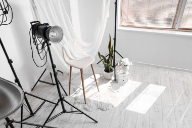Profesyonel ekipman, sandalye, çiçek ve halı ile fotoğraf stüdyosunun içi