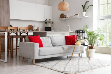 Açık uzay mutfağının içinde gri kanepe ve kahve masasında patlamış mısır makinesi var.