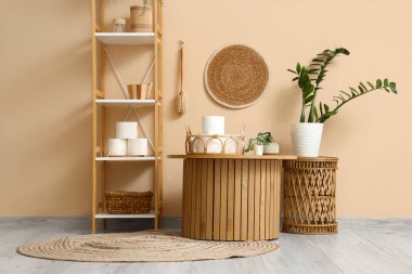 Rafların, saksıların ve tuvalet kağıtlarının olduğu şık bir tuvalet.