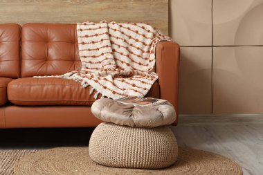 Oturma odasının iç tarafında rahat bir kanepe ve dergi var.