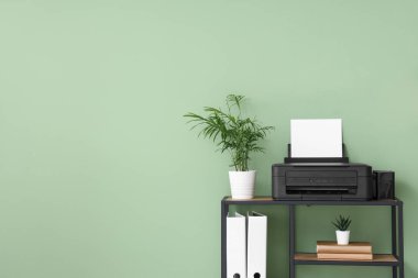 Modern yazıcıya, ev bitkilerine ve yeşil duvarın yanındaki dekora sahip şık raf ünitesi