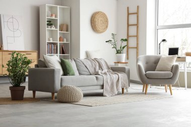 Gri kanepesi, koltuğu ve raf ünitesi olan şık bir oturma odası.