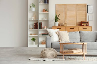 Gri kanepesi, sehpası ve raf ünitesi olan şık bir oturma odası.