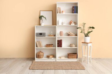 Bej duvarın yanında kitap, dekor ve çiçek rafları