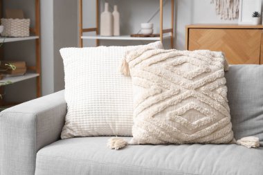 Oturma odasında rahat yastıkları olan şık gri kanepe, yakın çekim.