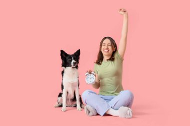 Güzel genç bir kadın ve pembe arka planda oturan uyku maskesi ve çalar saati olan sevimli bir Sınır Köpeği Collie.