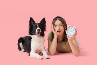 Güzel genç bir kadın ve pembe arka planda uzanan uyku maskesi ve çalar saati olan sevimli Sınır Köpeği Collie.