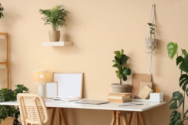 Bej duvarın yanında modern dizüstü bilgisayar, kitap ve ev bitkileriyle rahat çalışma alanı