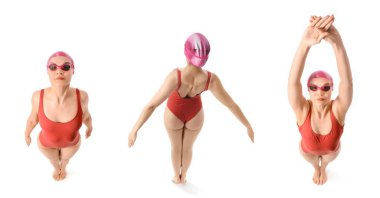 Beyaz arka planda bir grup genç bayan yüzücü