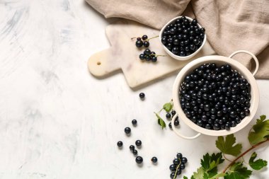 Beyaz arka planda taze siyah üzümlü kolatör ve kase.