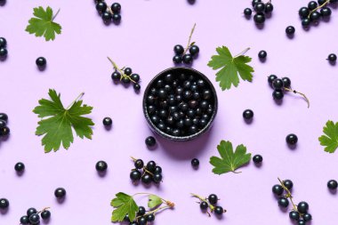 Leylak arka planında taze siyah üzümlü kase