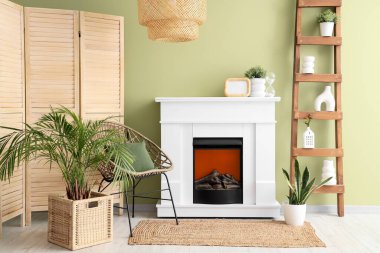 Modern şömine ve ev bitkileriyle dolu bir oda.