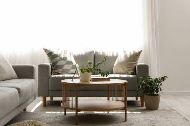 Gri kanepeleri, masası ve penceresi olan aydınlık oturma odasının içinde.