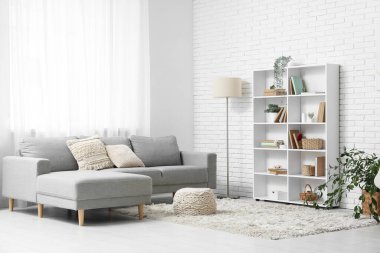 Kitaplık, kanepe ve bitkilerle dolu bir oturma odası.