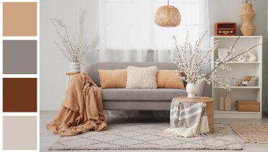 Aydınlık oturma odasının içinde çiçek açan ağaç dalları olan vazolar. Farklı renk desenleri