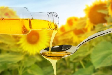 Beyaz arka planda şişeden kaşığa taze zeytinyağı dökülüyor.