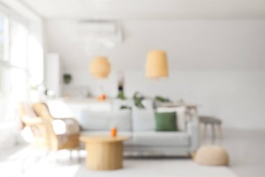 Koltuğu, koltuğu ve çiçekleri olan bulanık mutfak manzarası