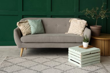 Gri kanepesi, saksısı ve kahve masası olan minimalist oturma odasının içinde.