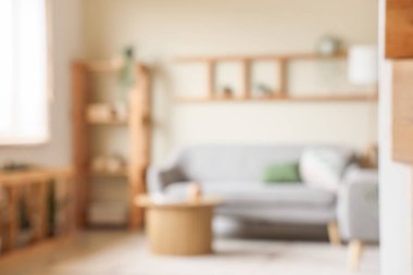 Gri kanepeli, raf üniteli, sehpa ve lambalı, bulanık manzaralı güzel bir oturma odası.