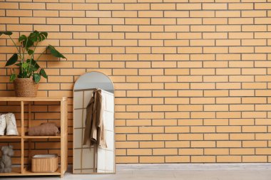 Büyük ayna, raf ünitesi ve tuğla duvarın yanındaki ev bitkisi.