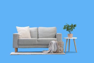 Şık gri kanepe, sehpa ve mavi arka planda çiçek.