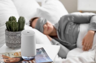 Yatak odasında uyuyan kadına karşı şarjörlü ve kaktüslü hava nemlendirici.