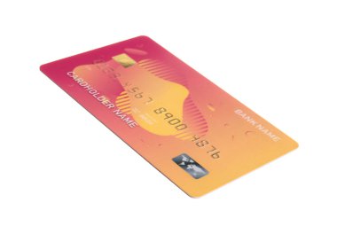 Beyaz arkaplanda renkli bir kredi kartı.