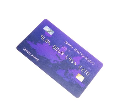 Beyaz arka planda uçan mor kredi kartı