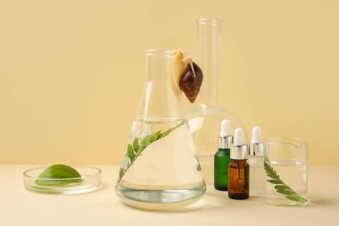Bej arka planda Achatina salyangozları ve kozmetik ürünleri olan laboratuvar örnekleri.