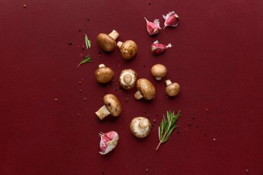 Çiğ şampiyon mantarlı kompozisyon, sarımsak ve arkaplanda baharat.