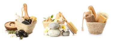 Beyaz arka planda farklı banyo malzemeleriyle hasır sepetler.