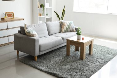 Aroma yayıcı ve ev bitkisi ahşap masa üzerinde ve oturma odasının içindeki rahat kanepe