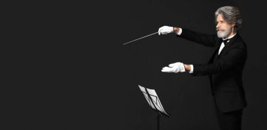 Koyu arkaplan üzerinde kıdemli erkek iletken metin için boşluk ile