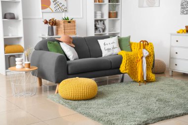 Gri kanepeli, sıcak battaniyeli ve şemsiyeli modern oturma odasının içi.