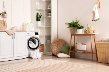 Çamaşır makinesinin, ev bitkilerinin ve temizlik malzemelerinin bulunduğu şık bir çamaşırhane.