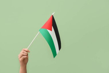 Yeşil arka planda Filistin bayrağı taşıyan bir kadın el.