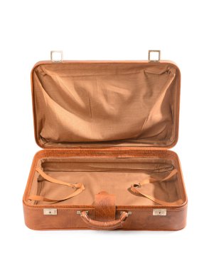 Beyaz arkaplanda kahverengi deri bavulu aç