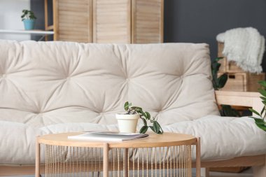 Işıl ışıl modern oturma odasının içinde rahat kanepe, masa ve bitkiler, yakın plan.