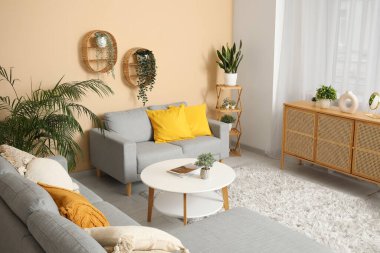 Rahat kanepesi, sehpası, çekmeceleri ve perdeleri olan şık bir oturma odası.